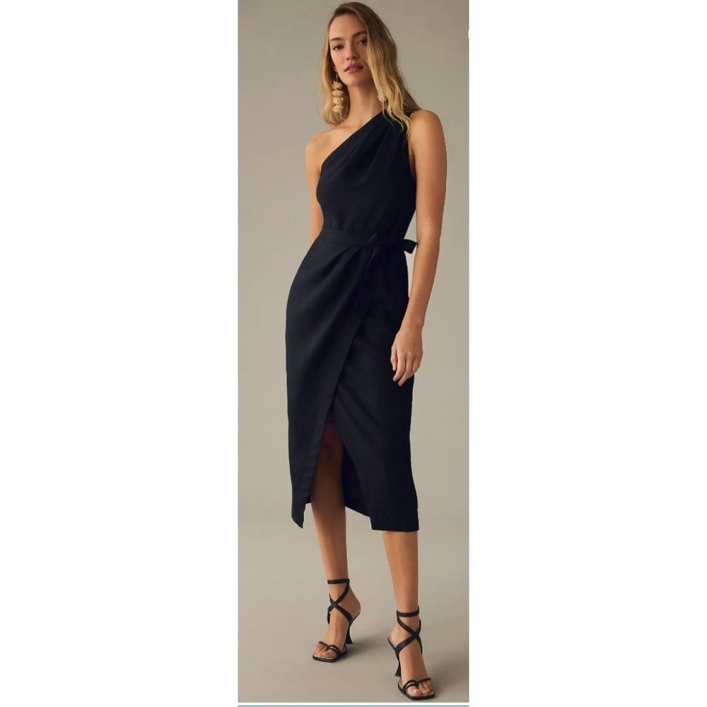 Anthropologie One Shoulder Linen Midi Dress 6 Black Clean Girl Chic French Girl